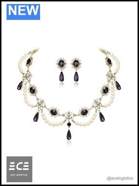 1920s Style Jewelry Set Simulated Pearl Crystal Choker Necklace Earrings Women